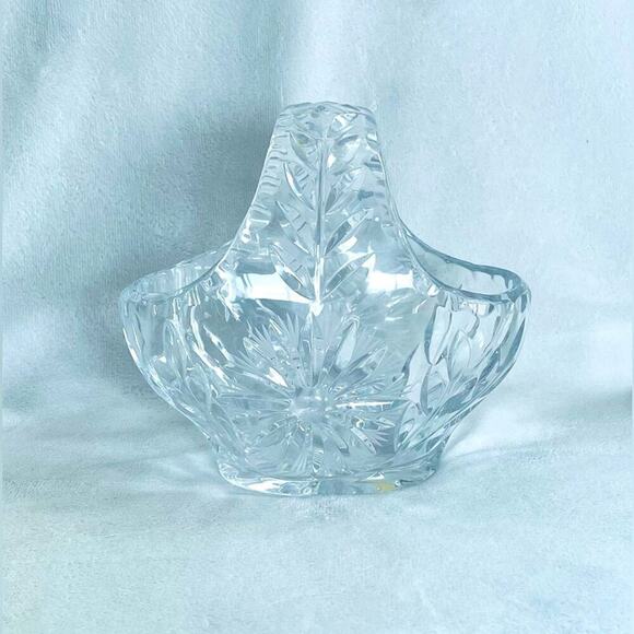 Vintage Bohemian Cut Glass Crystal Basket Bowl, Serving Dish, Candy Dish, Vase